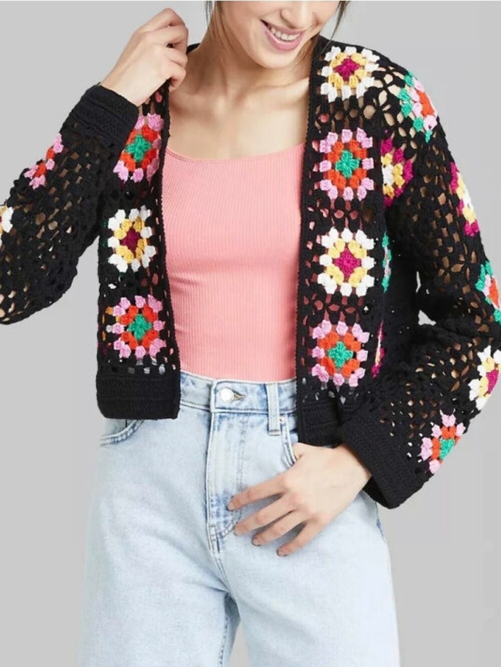 Wild Fable Black Rainbow Granny Square Crochet Open-Front Cardigan XS NWT